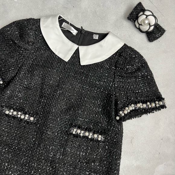 Luxelim sz 4 Lucy Dress & matching bow black Tweed white pearl trim - Picture 6 of 10